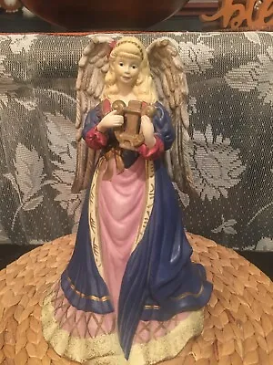 Ceramic Angel Figurine Playing Harp With Dress Blue Music Box 10 3/4 Inches Tall • $20