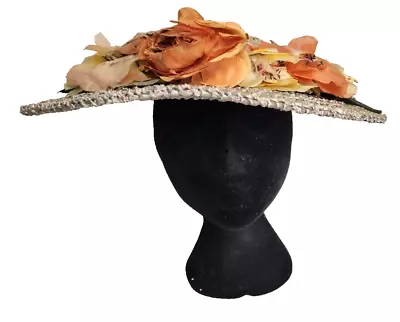 Vintage 40s Cartwheel Hat Woven Straw-Flat Wide Brim & Bridge -lace Lined-Floral • $58.13