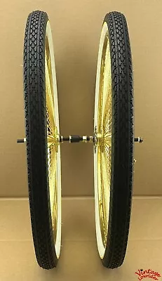 26  Set Dayton Wheels 144 Spokes Gold Front & Coaster Hub Wheel W/dice Valve Cap • $419.79