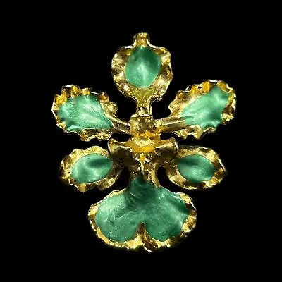 Vintage Gold Tone Iris Turquoise Green Shimmer Enamel Estate Pendant Brooch Pin • $9.52