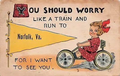 Norfolk VA Virginia Pennant Train Girl On Bike Motorcycle Race Vtg Postcard B7 • $19