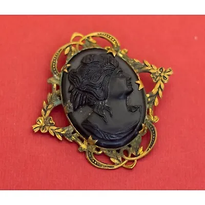 Vintage Black Victorian Mourning Cameo Gold Tone Brooch - F39 • $34.99