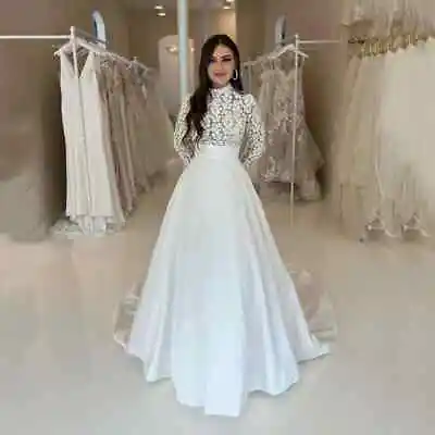 Vintage Muslim Satin Wedding Dresses High Neck Long Sleeves Lace Bridal Gowns  • $142.90