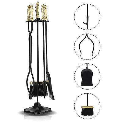 $56.99 • Buy 5pcs Fireplace Tool Set With Poker Tongs Broom Shovel Stand Brass Handle Tools