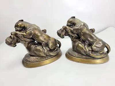 Vintage Cast Metal Sculpture Bookends Big Cats Panther By Kronheim And • $318