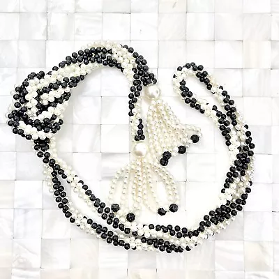 Twisted Black & White Faux Pearl Tassel Necklace The Vintage Strand Lot #4659 • $5.24