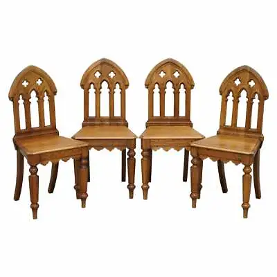X4 Amazing Vintage Gothic Steeple Back Dining Chairs Lovely Pugin Style Carving • $3082.88