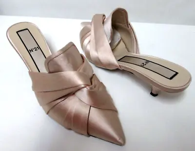 No 21 Satin Mules Slides Kitten Heels Champagne Leather Sole Italy Size Sz 39 8 • $112.49
