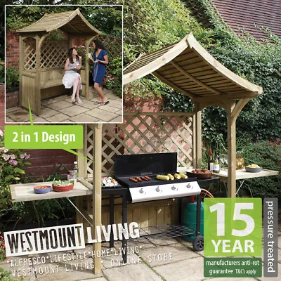 Wooden Garden Arbour 2 In 1 Bench Seat / Bbq Cooking Cover Shelter • £502.99