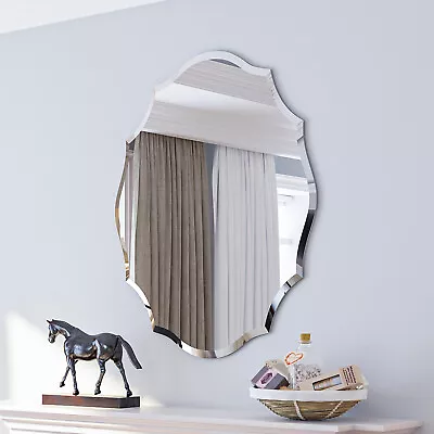 Heavy Beveled Edge Wall Mirror Bathroom Mirror Vanity Scalloped Oval Frameless • $82.92