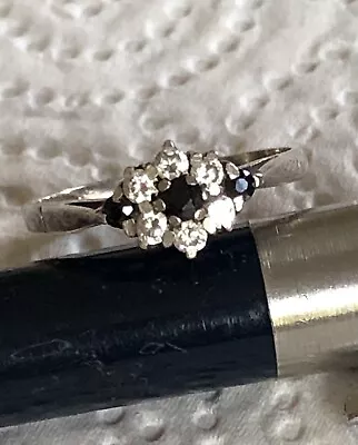 Vintage Silver Sapphire & Cubic Zirconia Cluster Ring Size M. Cabouchon? 1986. • £28.99