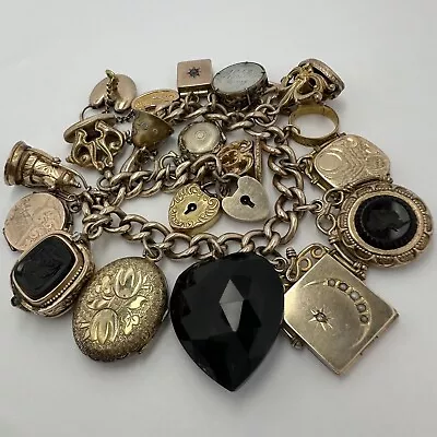 Loaded Antique Victorian Gold Filled Glass Stone Paste Locket Fob Charm Bracelet • $10.50