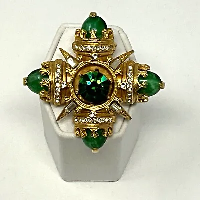 Benedikt NY Maltese Cross Green Cabochons Crystals Gold Tone Pin Brooch Pendant • $150