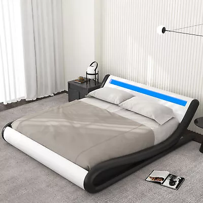 Sifurni King Modern Platform Bed Frame With LED Lights Headboard Black & White • $372.99