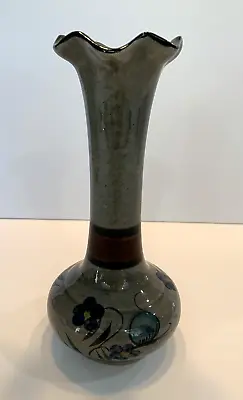Mexican Folk Art Pottery Tonala Hand Painted Floral  Vase 7” Tall Grey Pot • $18.67