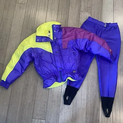 Vtg 80s Ski Suit Womens 2 Piece Snowsuit Large Snow Coat 12 Bib Pants Retro Neon • $99.99