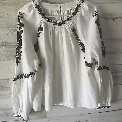 Zara Woman White Black Embroidered Long Sleeve Top Peasant Style Sz Med • $15