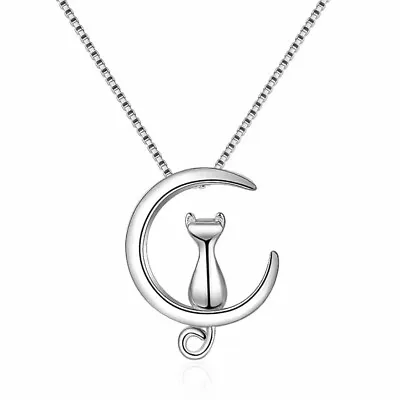 £3.59 • Buy New Cat Moon Pendant Necklace 925 Sterling Silver Womens Jewellery Gift UK