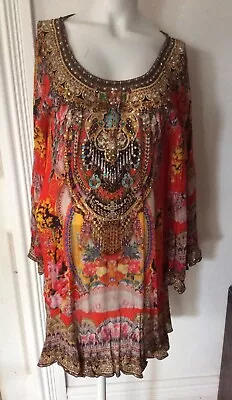 NWT Czarina Red Print SilkMeet The Fairy Heavily Embellished Kaftan Mini DressXS • $299