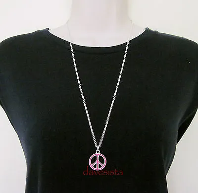 FANCY DRESS PINK PEACE SIGN NECKLACE 30  CHAIN HIPPY 1960s ACCESSORIES JEWELLERY • £3.50