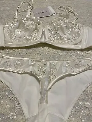 La Perla Floralia 36B M Balconette Bra Thong Set Ivory Naturale • $179.99