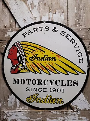 Vintage Indian Gas Motorcycle Porcelain Sign 30  Big Dealer Sales Service Parts • $685.11