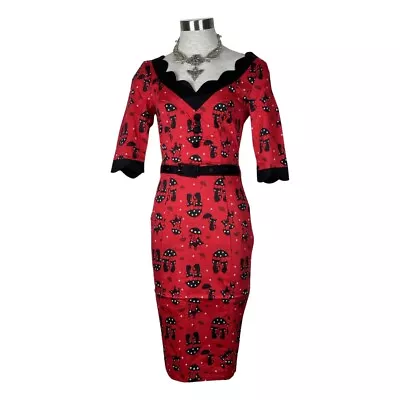 VOODOO VIXEN RETRO PIN UP 50s HOT KAT CATS IN THE RAIN PENCIL RED DRESS DRA8222 • $21.99