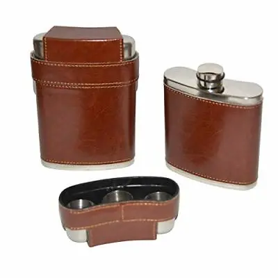 Brown Pocket Hip Flask 8Oz  Stainless Steel Leather Wrap Cover Leak Proof • £9.99
