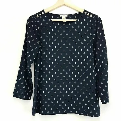 J. Crew Womens Navy Anchor Print Silk Blouse Size 0 • $15