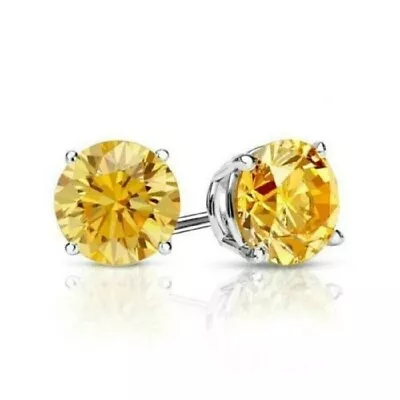 2C Lab Created Yellow Diamond Solitaire Stud Earrings 14K White Gold Plated • $61.19