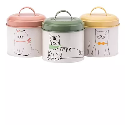 Set Of 3 Fun Cats Design Metal Canisters Storage Cat Treats Jars Tins Containers • £21.99