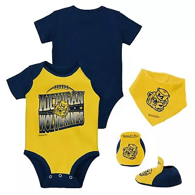Infant Mitchell & Ness Navy/Maize Michigan Wolverines 3-Pack Bodysuit Bib And • $44.99