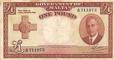 Malta  1  Pound  ND. 1951  P 22a  Series A/12  Kg. G. VI  Circulated Banknote Z4 • $65