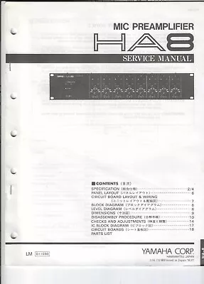 YAMAHA Mic Preamplifier HA8 Service Manual & Schematic • $16.98