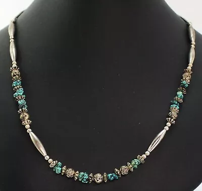 Vtg Sterling Silver Navajo Native American Liquid Silver Turqoise Bead Necklace • £52.23