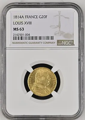 1814-A France Louis VIII 20 Francs Gold Coin - NGC MS 63 • $1250