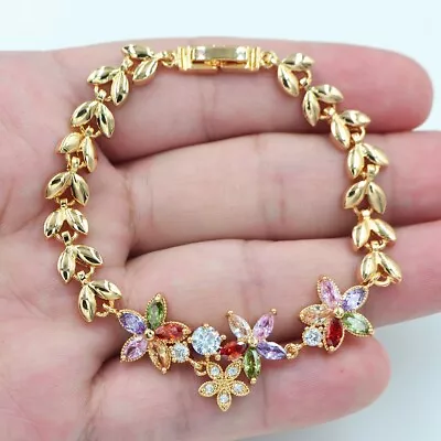 18K Yellow Gold Filled Women Multicolour Mystic Topaz Flower Wedding Bracelet • £6.99