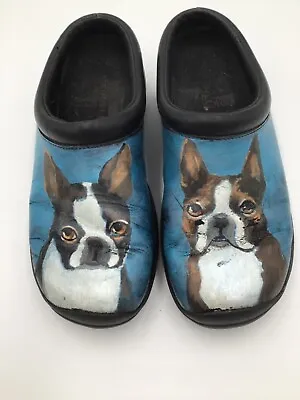 Merrell Encore Nova Smooth Black Leather Clog Shoes Painted Boston Terriers Sz 6 • $39.99