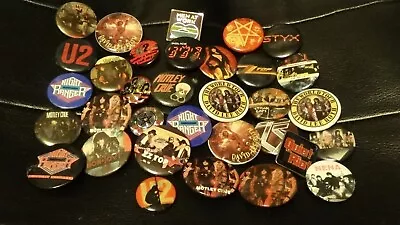 Lot Of 33 1980's Heavy Metal And Rock Pins Pinback Buttons Motley Crue U2 ZZ Top • $25