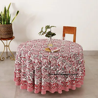 £40.79 • Buy Indian Hand Block Print Round Tablecloth 100% Cotton Red Lotus Floral Tablecloth