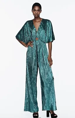 ZARA Size L WOMAN PLEATED METALLIC FULL LENGTH JUMPSUIT TURQUOISE 9349/685 NWT • $44.99