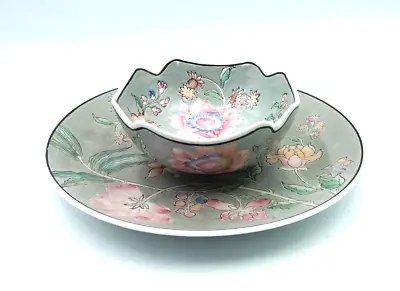 Vintage Hand Painted Macau 10  Plate & 6  Bowl Gray Pink Green Blue Floral Gold • $34.58