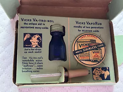 Vintage Sample Box Vicks VapoRub Va-Tro-Nol Cobalt Blue Glass Dropper Tin Mother • $25