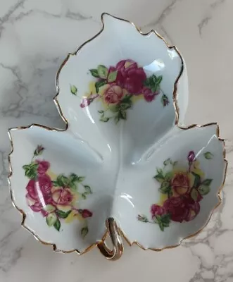 Ucagco Porcelain 3 Part Leaf Shape Candy Dish Roses 22k Gold Made In Japan 412 • $18.99