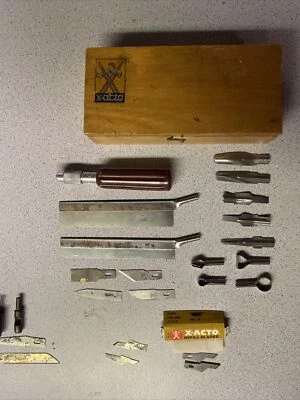 $17 • Buy Vintage X-acto Wooden Case Blades Handle Knives Tool Set Kit Utility Used Xacto