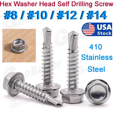 #8-#14 Hex Washer Head Self Drilling Sheet Metal Tek Screws 410 Stainless Steel • $14.69