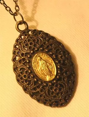 Striking Filigree Brasstone Oval Latin Miraculous Mary Medal Pendant Necklace • $13.49