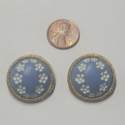 Signed Marvella Clip On Earrings Goldtone Blue White Flowers Vintage 12.5.6 • $10.39