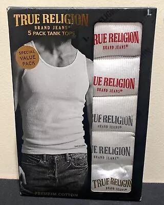 TRUE RELIGION 5-Pack Mens Large White Premium Cotton Logo Ribbed Tank Tops New • $27.99