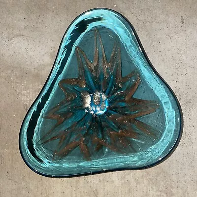 Vintage Murano Italy Triangular Blue Aqua Bowl W/ Gold Aventurine Star 10  • $27.99